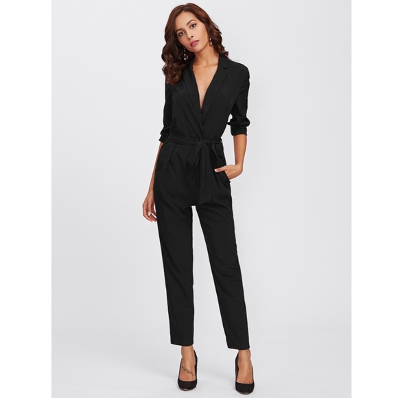 Deep V-Neck Lapel Black Belted Tapered Jumpsuit - Picture 6 of 8